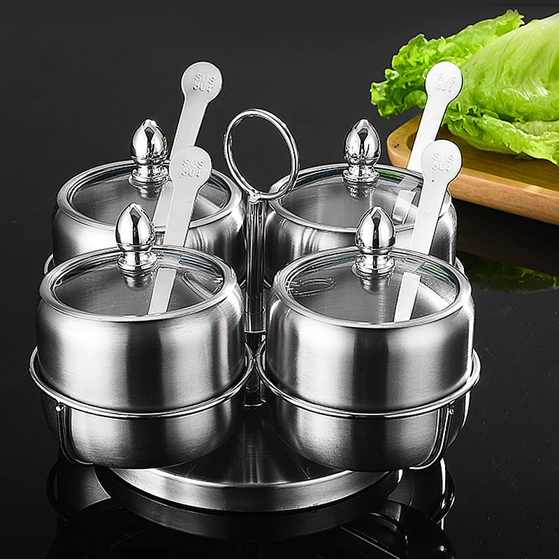 

304 Stainless Steel Kitchen Seasoning Tank Set Visual Glass Lid Salt Sugar Pepper Spice Jar Kitchen Bottle Storage Container