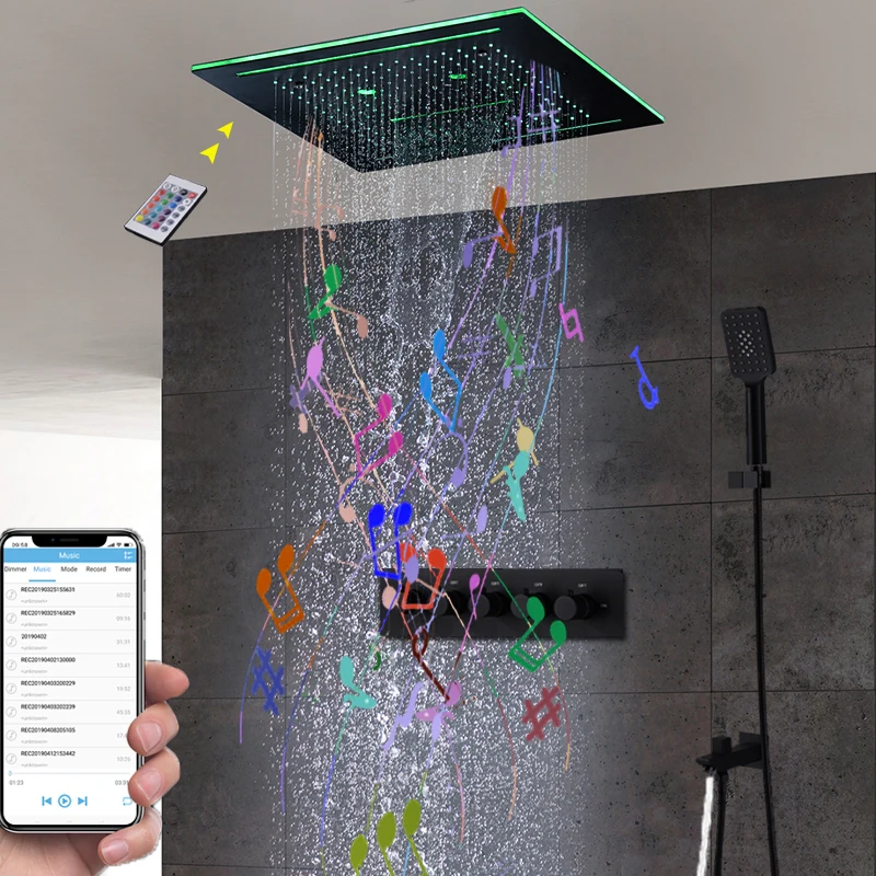 Новый 16 дюймовый дождь туман водопад bluetooth музыкальная душевая головка набор