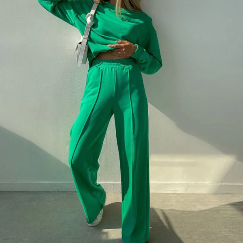 

Autumn Winter Women's Suit Solid Long Sleeve O-Neck Hoodie Casual Suit Streetwear Fashion Two Piece Set Loose Trousers Pockets