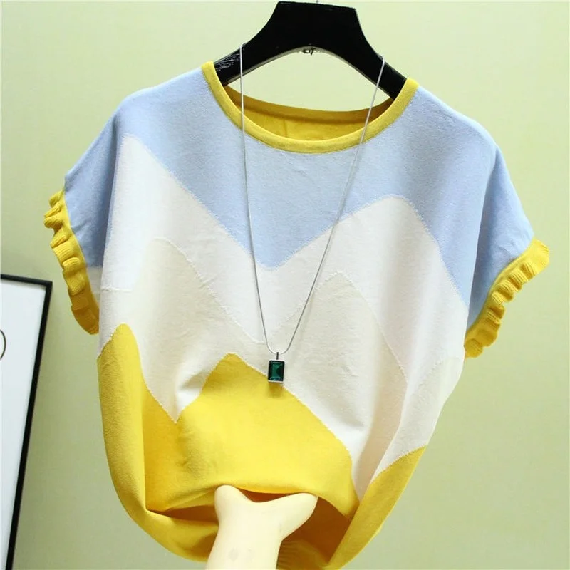 

Women Knitted Stitching Color Tee Shirt Femme Summer Loose Tops Woman Short Sleeve Casual T-Shirt Female Camisetas De Mujer D52