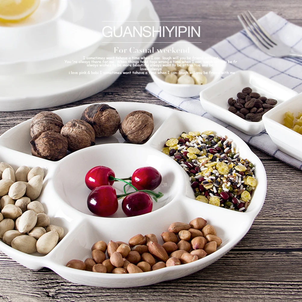 

orange 1 pc Food Tray Imitative Ceramic Round 5-Compartment Dried Fruit Plate Appetizer Serving Platter for Nuts