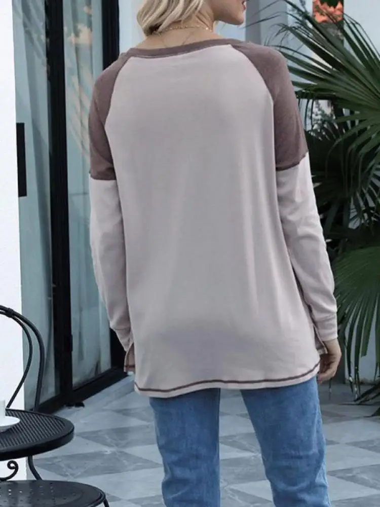 

Women Splicing Round Neck Slim T-shirt Fashion Long Sleeves Solid Color Female Tee Shirts