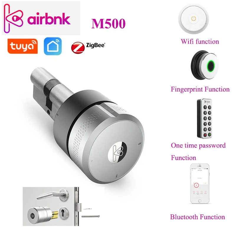 Цилиндрический смарт замок Zigbee Tuya Airbnk M500 со сканером отпечатков пальцев/Wi