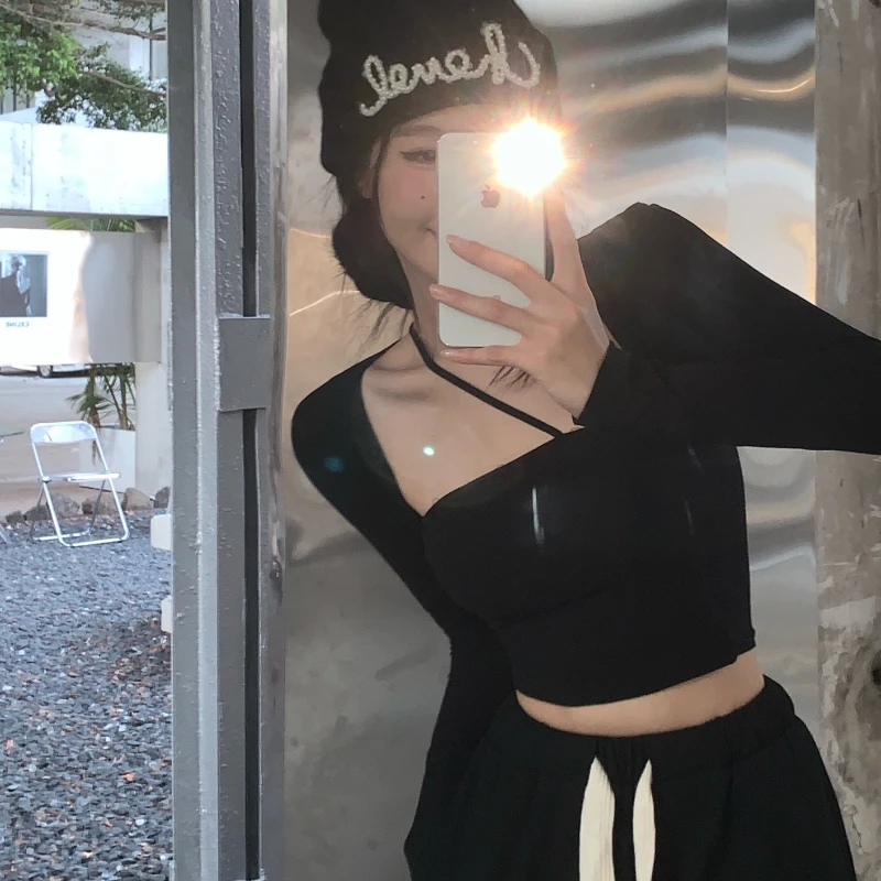 

Женская трикотажная футболка, однотонная, с длинным рукавом, в Корейском стиле, осень 2021