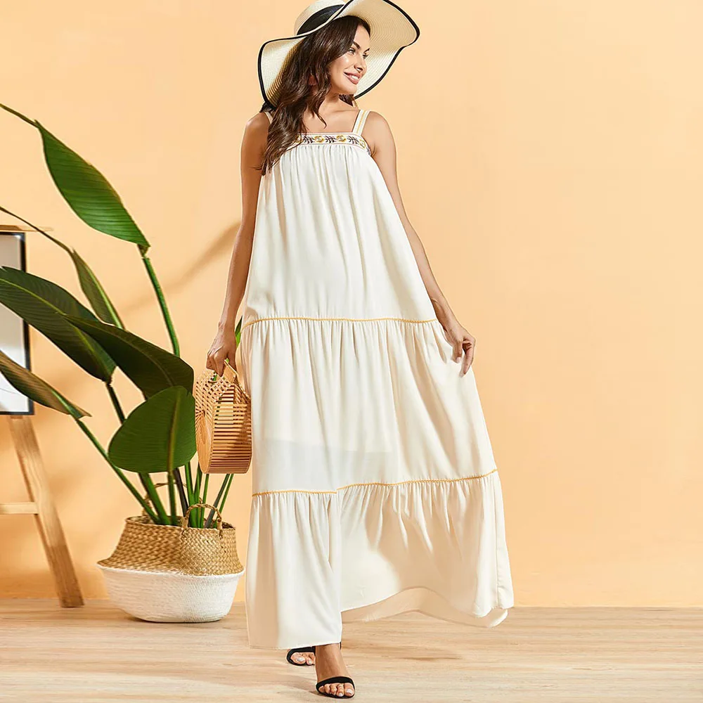 Siskakia белое длинное платье без рукавов на тонких бретельках свободное