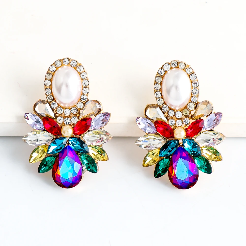

New Big Pearl Colorful Crystal Earrings Brinco Trendy Statement Jewelry Wholesale Engagement Stud Earring For Women 2021