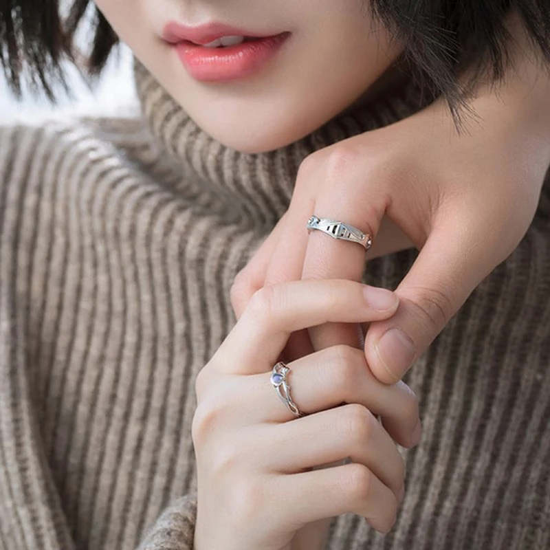 

2Pcs Moonstone Princess and Knight Lover Matching Open Band Rings Kit Couple Rings Wedding Promise Ring Set Adjustable 97QF