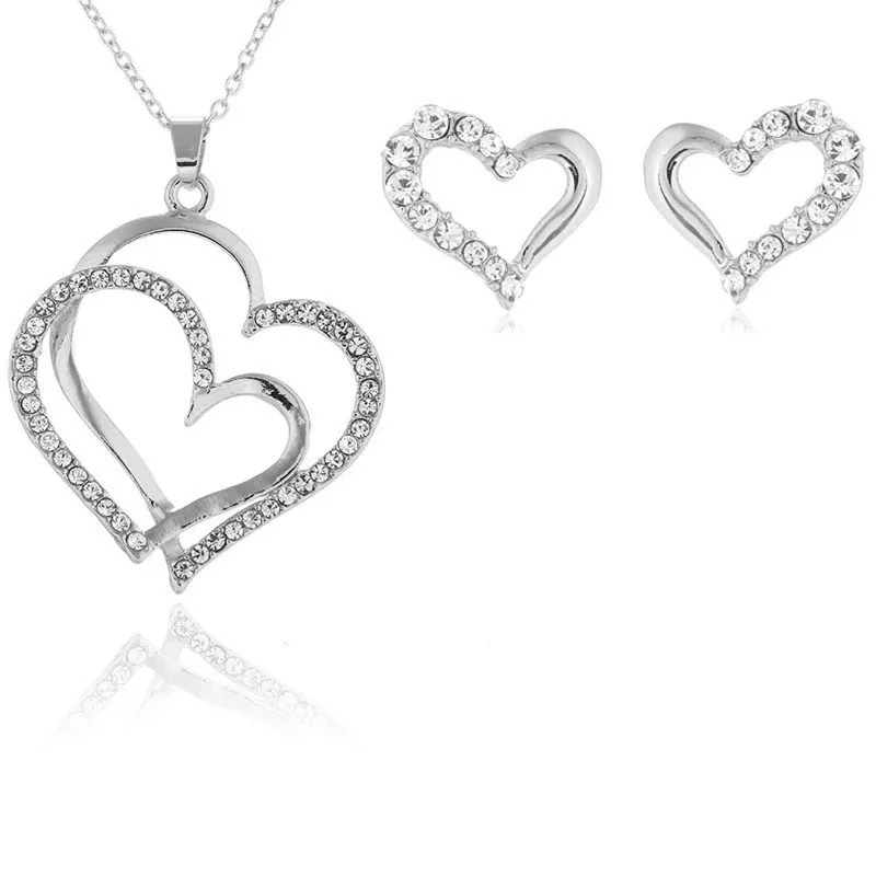 Новинка 2015 модные милые ожерелья с двойным сердцем и серьги ювелирные наборы