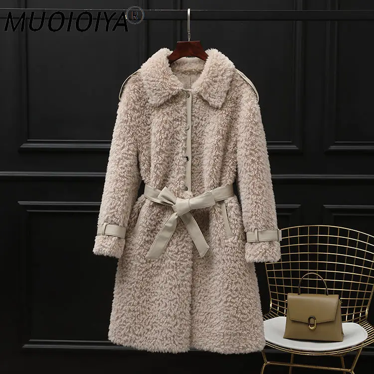

2021 New Women Winter Real Fur Long Solid Sashes Coat Female Natural Sheep Fur Genuine Wool Blends Slim Waist Outerwear D46