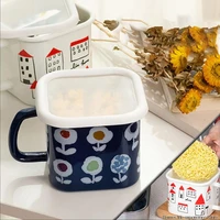 set square enamel fresh keeping box instant noodle bowl with lid handle milk coffee mug general use for gas and induction cooker