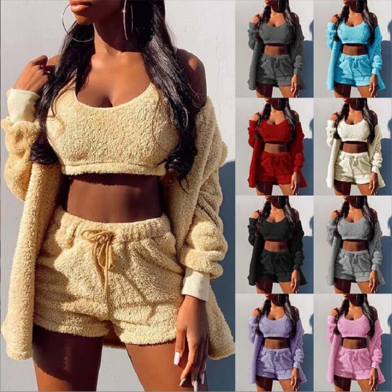 

Three Pieces Sets Women Home Clothes Autumn Winter Long Sleeve Coats Vest and Shorts Casual Homewear Pyjamas Set Clothing Set
