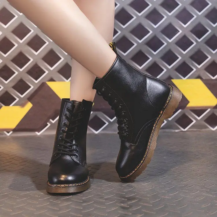 

Female Winter Shoes For Martin Boots Spring And Autumn Wild Women's Shoes Thick-soled Mid-Calf Wear-resistant Lace-up Leather