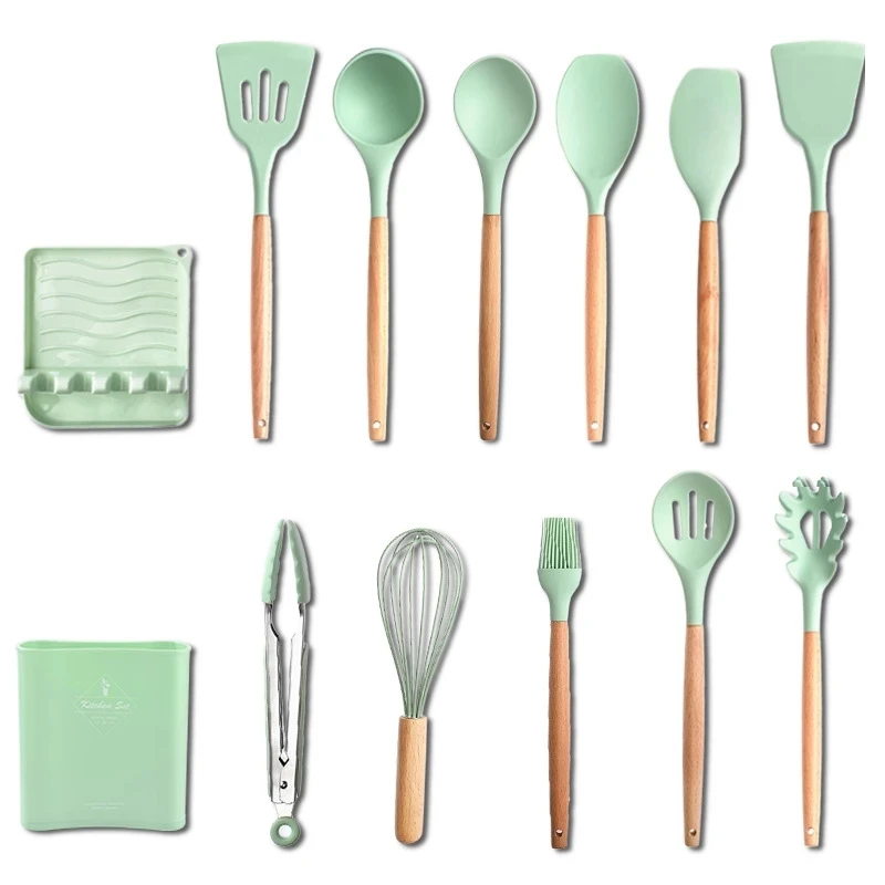 

13Pcs Silicone Cooking Utensils Set Non-Stick Spatula Shovel Wooden Handle Cook Tool With Storage Box Kitchen Tool Accessories