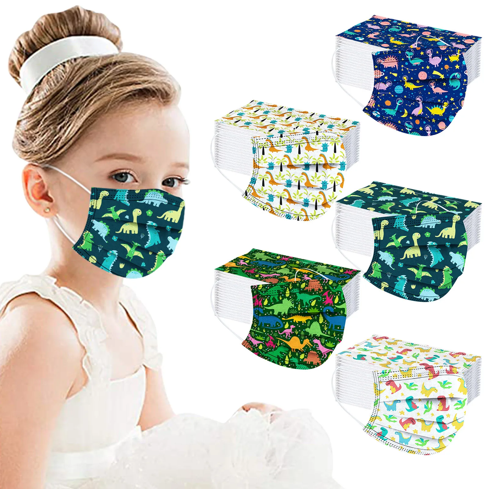 

Маска детская одноразовая из нетканого материала с принтом динозавра Pm2.5, 50 шт.