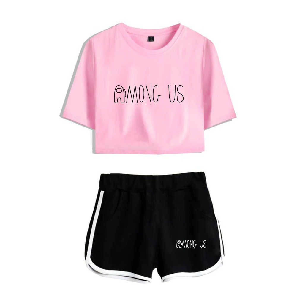 

Hot sale Among Us girl Sport suit Tracksuit Two Piece Set Summer Short Crop Tops+Shorts Suit Video Games Street Style Women Sets
