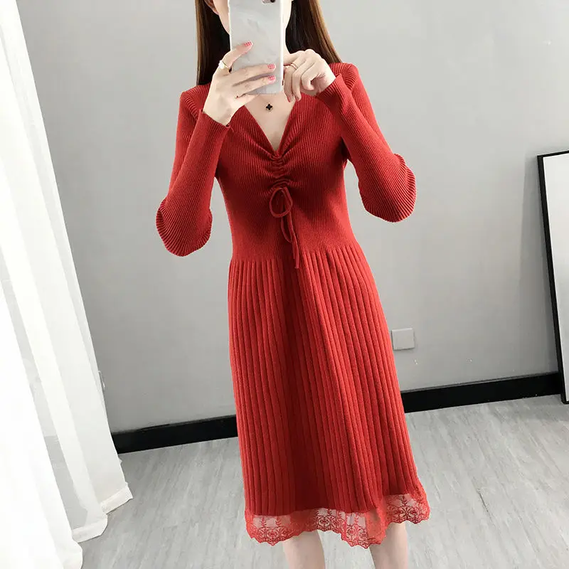 

Casual Long Sleeve Stitching Lace Knitted Sweater Dress Autumn And Winter Women Elegant Office One-piece Korean V-neck Dresses