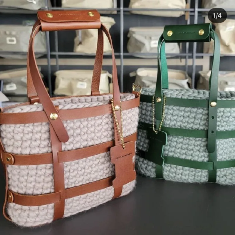 Женская сумка-тоут из ПУ кожи ажурная плетеная вместительная сумочка-мешок