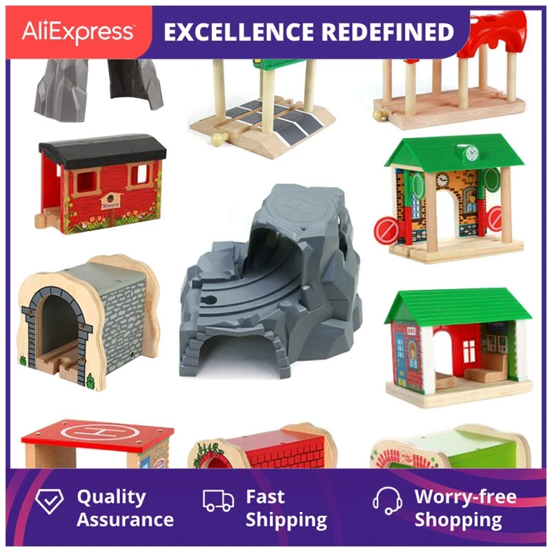 

Деревянный трек для поезда, аксессуары, Деревянный Железнодорожный трек, железнодорожная станция, мост, туннель, совместим со всеми брендам...