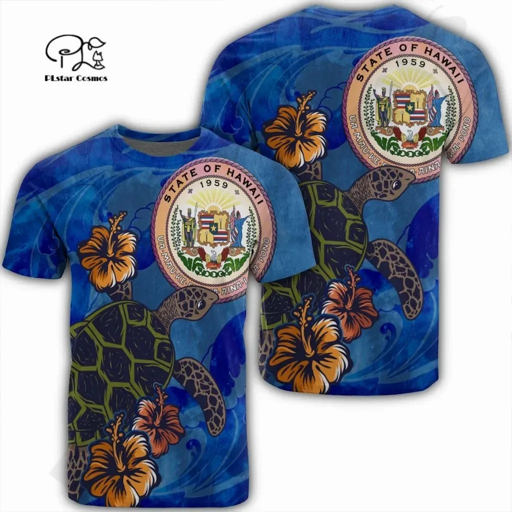 

PLstarCosmos Summer Newest Colorful Turtle Tattoo Funny Polynesian Hibiscus Unisex Men/Women Casual ShortSleeve O-Neck TeeTops 1