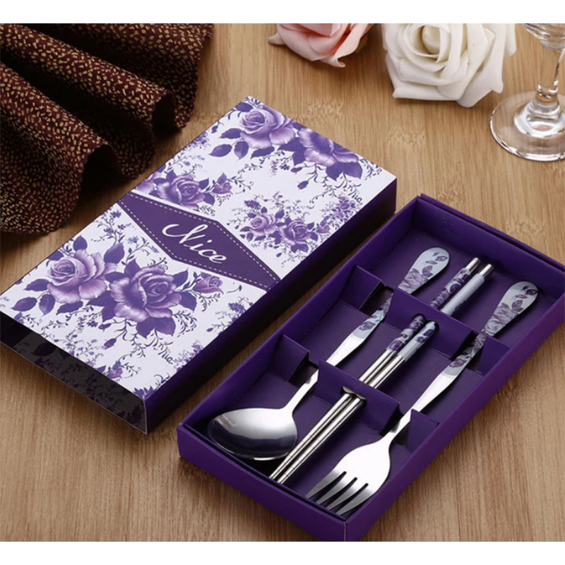 Сине-белый китайский набор из трех палочек нержавеющей стали ложка и вилка