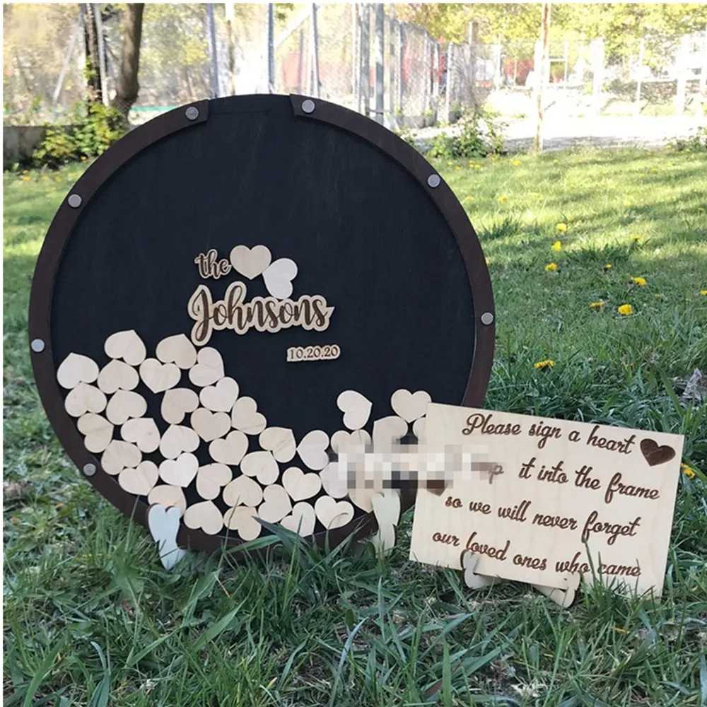 Personalize Modern wood Round Hearts Wedding Guest Book Baby shower Engagement Bridal Drop Top Wishing Box Guestbook | Дом и сад