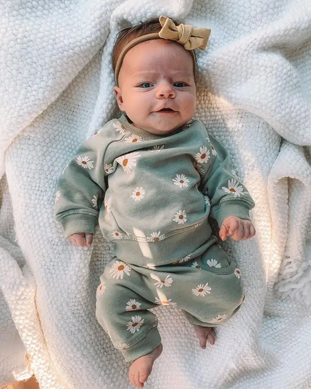 

0-18M Baby Girls Long Sleeve Pocket Outfits Girl Flower Print T Shirts +Newborn Pants+Infant Headband Spring Autumn 3Pcs Set