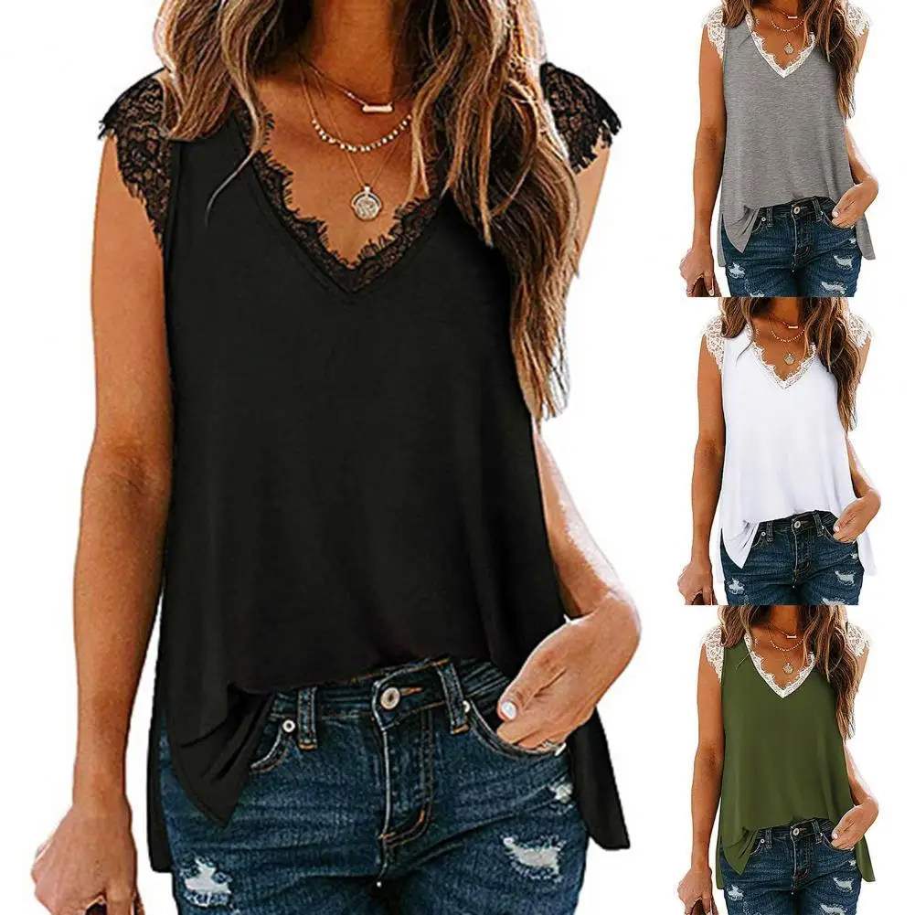 

Women Blouse Lace Hem Decor Deep-V Cloth Summer Tops Vest for Daily Life