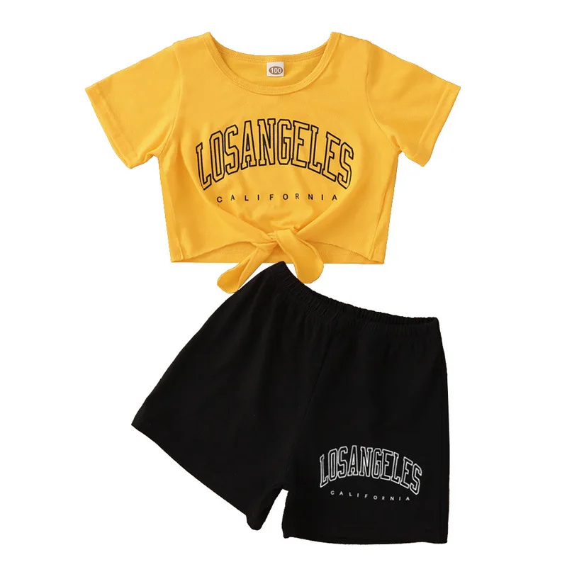

toddler children summer short sleeve lace bow letter tops T-shirts shorts pants kids baby girls thin clothes sets 2pcs 1-8Y