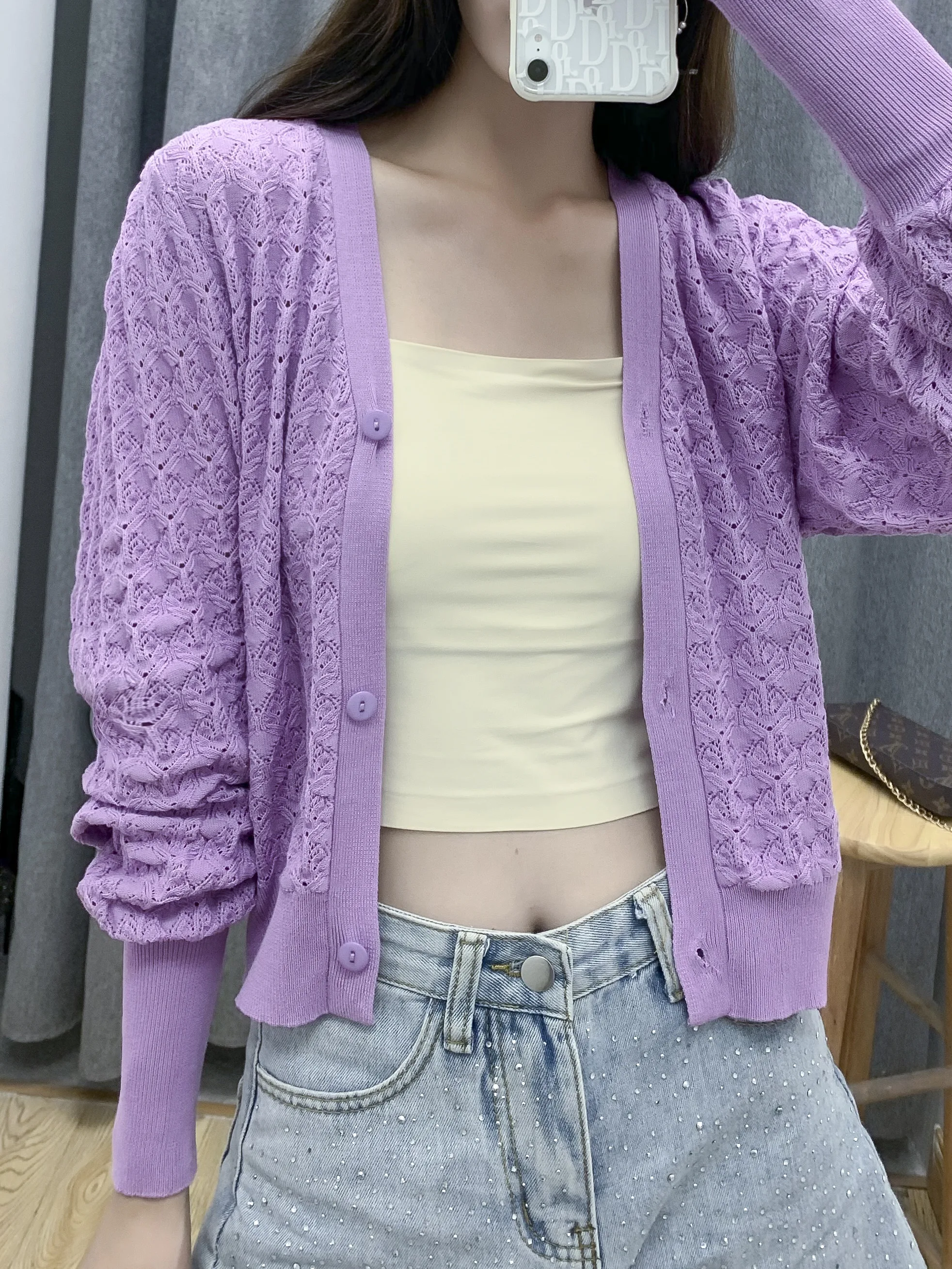 

Purple hollowed-out cardigan with long sleeves