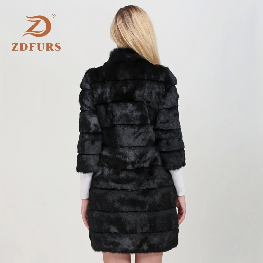 ZDFURS* 2019 New Winter Real Rabbit Fur Jacket Warm Soft Long Fur Coat Women Rabbit Fur Coat Detachable Overcoat Jacket