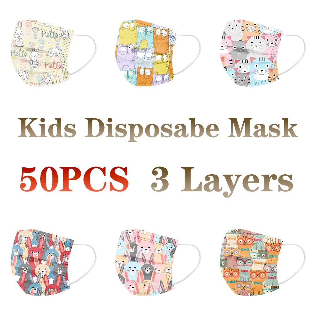 

50pcs Kids Face Mask Tie-dyed Disposable Cartoon Anime Printed Three Layer Face Mask Mascarilla Security Protection Mask Mariage
