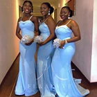 Женское атласное платье подружки невесты, новое платье на бретелях-спагетти для свадебной вечеринки со шлейфом