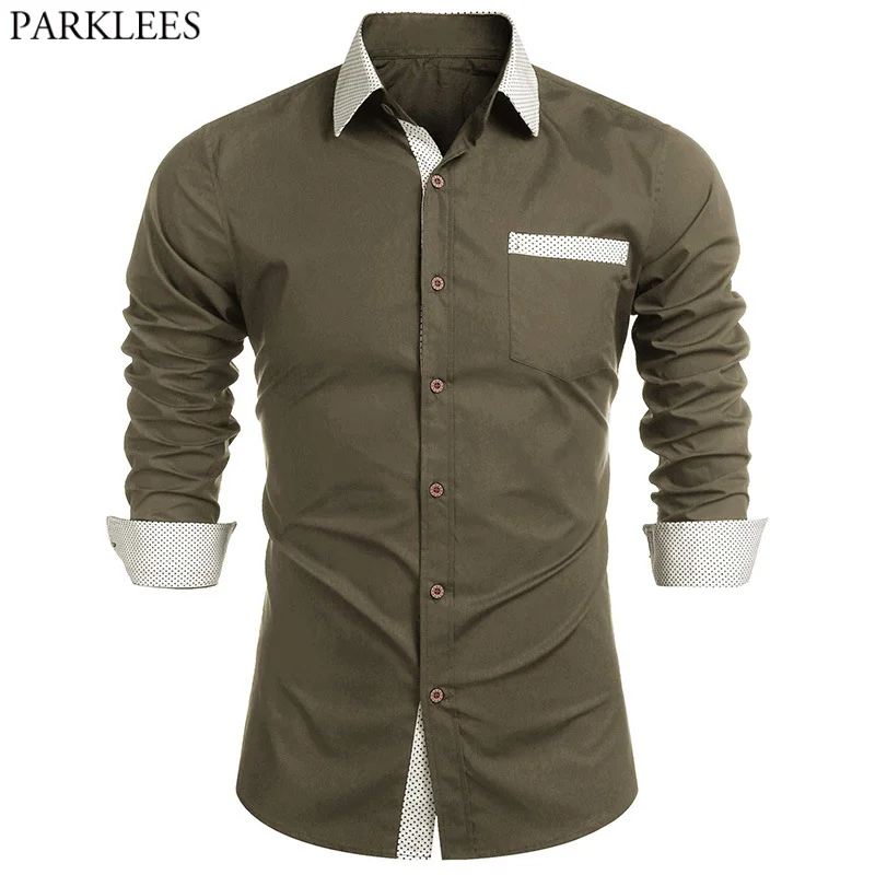 

Army Green Shirt for Men Fashion Polka Dot Splicing Mens Dress Shirts Cotton Casual Button Down Shirt Male Chemise Homme Camisas