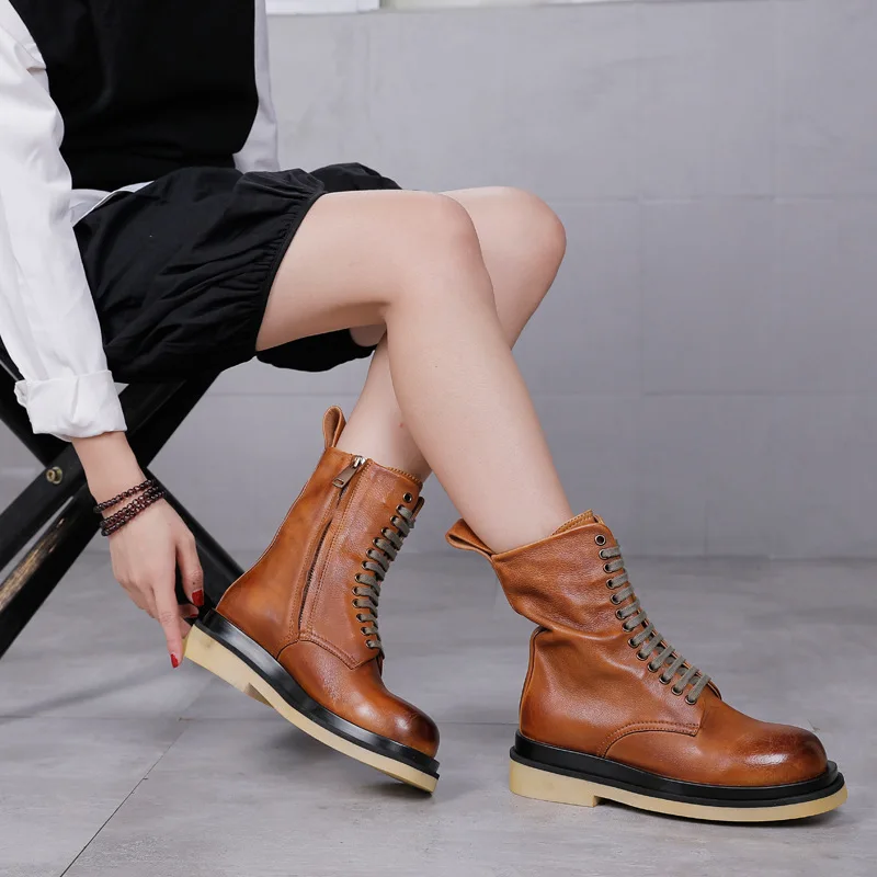 

Новинка Зима 2020, Ботинки Martin из первого слоя воловьей кожи в стиле ретро, женские ботинки до середины икры с круглым носком, ботинки из натур...