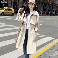 2021 womens new spring autumn korean trench coat fashion casual jacket waist was thinner mid length female windbreaker loose
