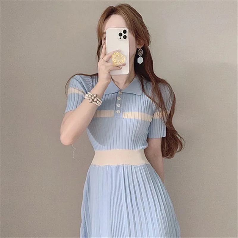 

Women Knitted Dress Fashion Splice Design Sweater Dress Vintage High Elastic Elegant Office Sweater Dress Female One-Piece Dress
