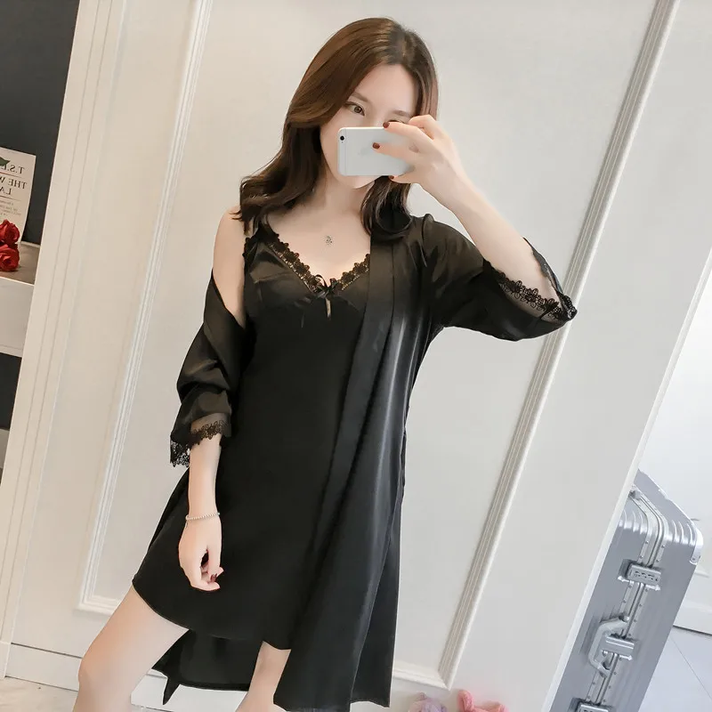 

Spring And Autumn Ladies Sexy Suspender Dress Gown Two-Piece Set Solid Color Simulation Silk Ice Silk Robe Bathrobe Home Service