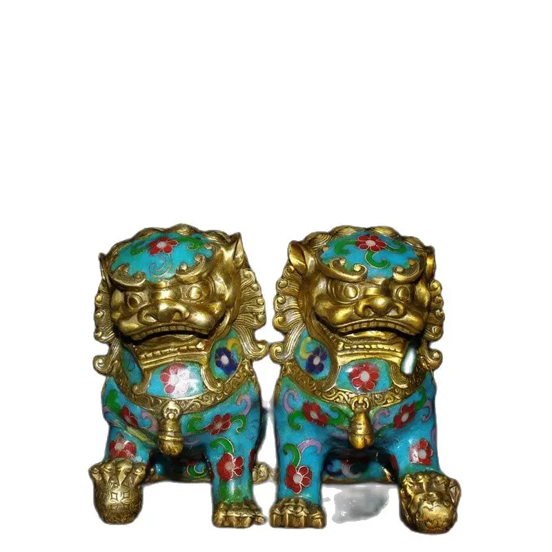

Chinese Old Beijing Old Goods Collection Old Copper Tire Cloisonne Festoon Pair Of Lions
