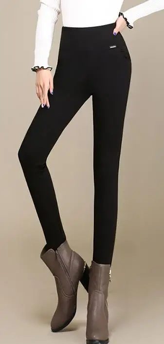 BLACK WITHOUT VELVET Женские бархатные плотные узкие брюки, женские осенние брюки размера плюс, однотонные теплые брюки-карандаш, женские Стрейчевые брюки, женские зимние Пуховые брюки - Цвет: BLACK WITHOUT VELVET