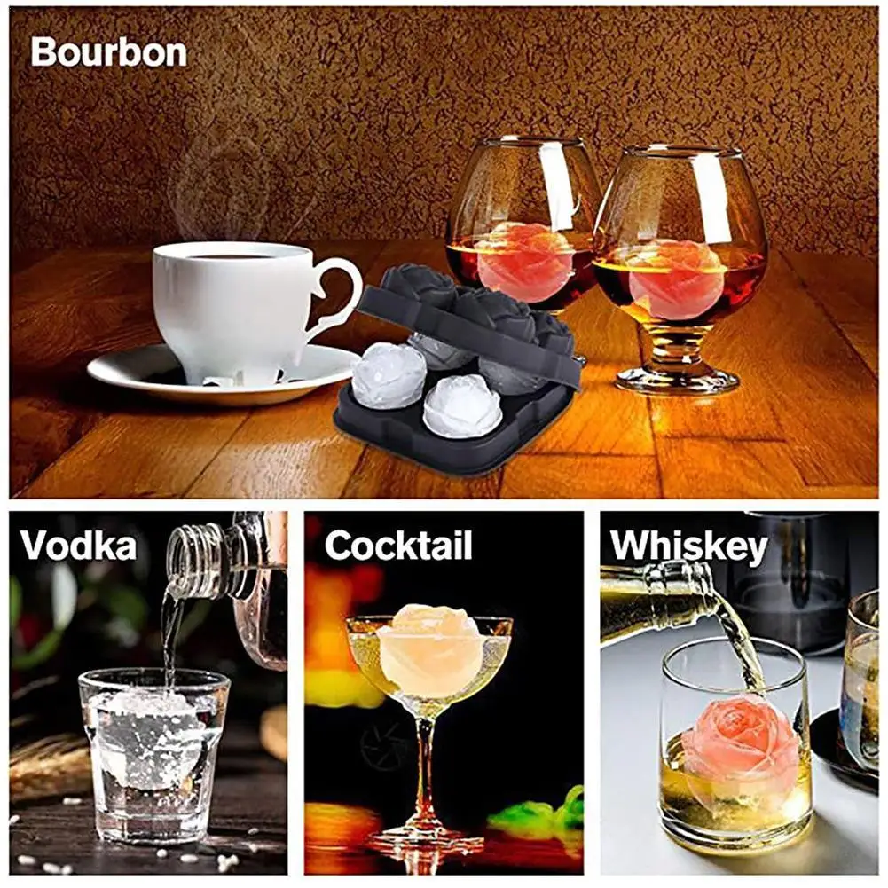 

4 Grid Black Silicone Rose Ice Cube Tray Rose Ice Cube Ice Mix Day Tray Creativity Ice Cocktail Cube Rose Gift Valentine's N2H6