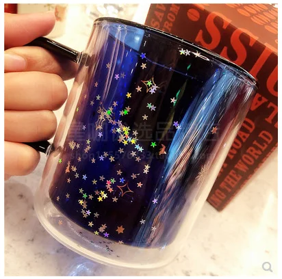 

New glass double layer blue coffee cup heat insulation Cup bright star water cup fruit tea cup