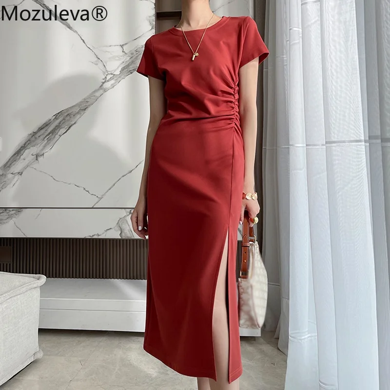 

Mozuleva женское платье средней длины, элегантное платье, с круглым вырезом, с короткими рукавами, со сборками на талии Лето шикарный сторона Ра...