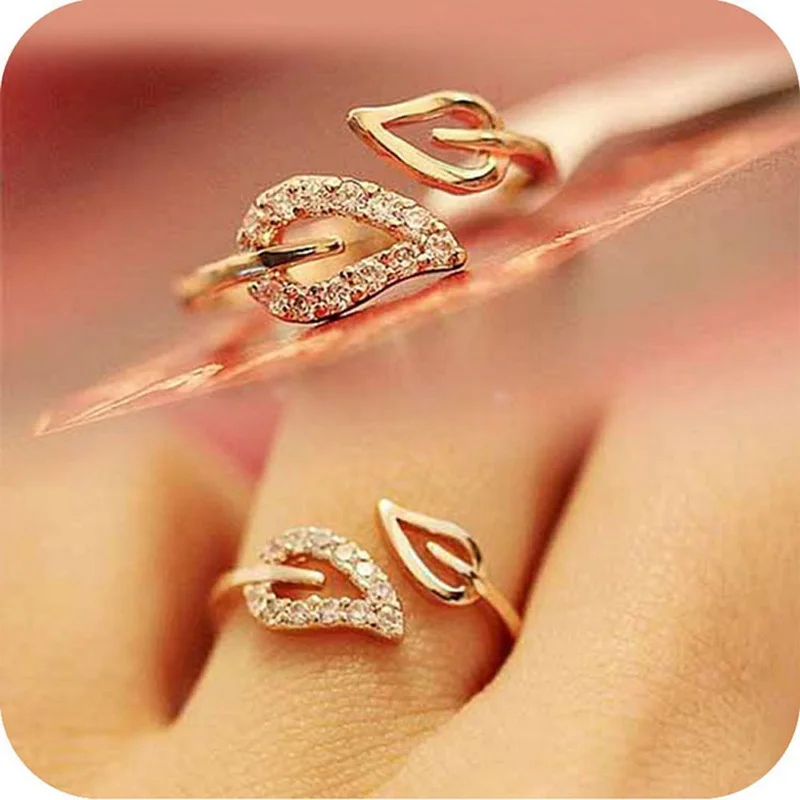 

New Creative Cute Devil Tail Adjustable Opening Ring For Women Shiny Crystal Leaf CZ Zircon Rings Friendship Jewelry Best Gifts