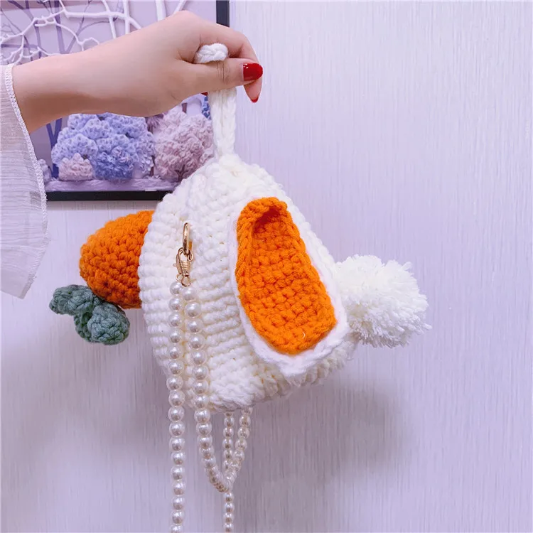 

Rabbit Ear Hand Woven Bag Cartoon Female Shoulder Bag Wool Crochet DIY Knitted Plush Handbag Lovely Bucket Straddle Bag for Girl