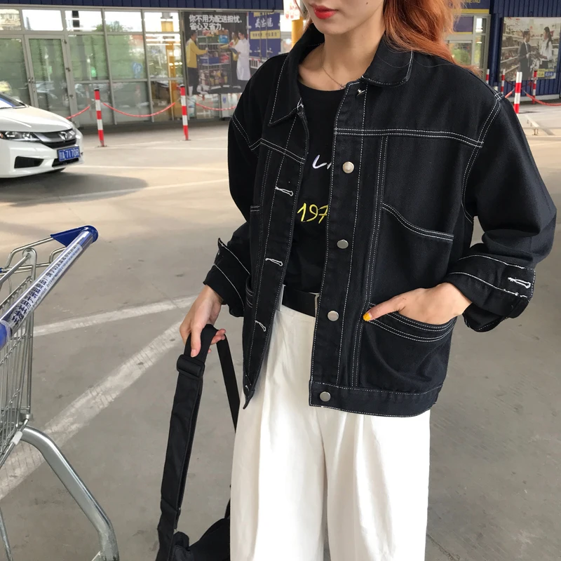 

Korean ArmyGreen Denim Jackets Women Autumn winter Single Breasted black Jean Jacket ladies Denim Coat cazadora vaquera mujer