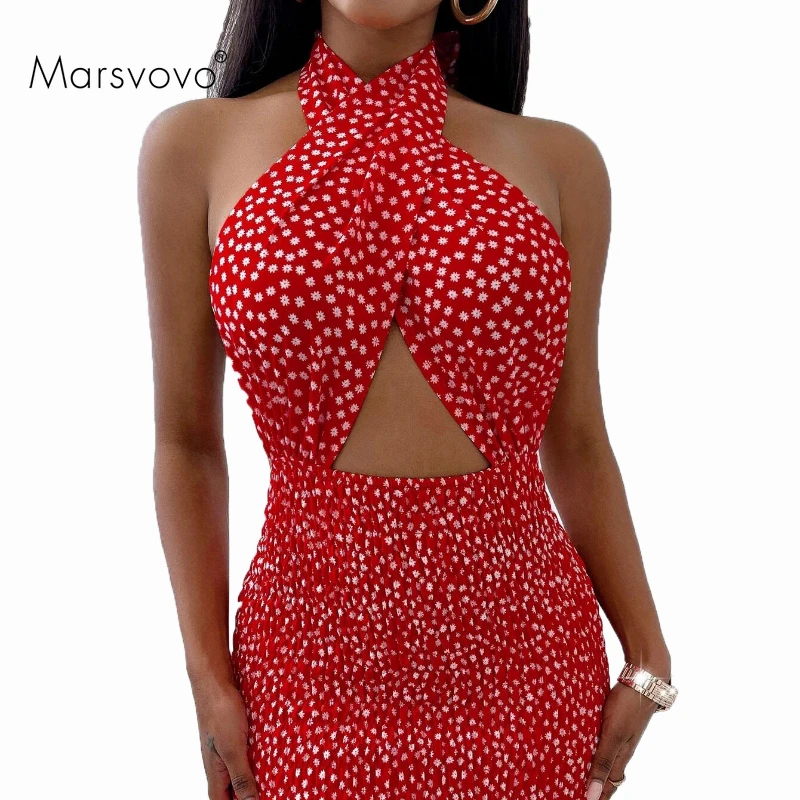 

Halter Short Dresses Boho Backless Bodycon Dresses Lacing Short Robe Dot Print Bow Vestidos Chic Ruffles Summer Women Dress 2021