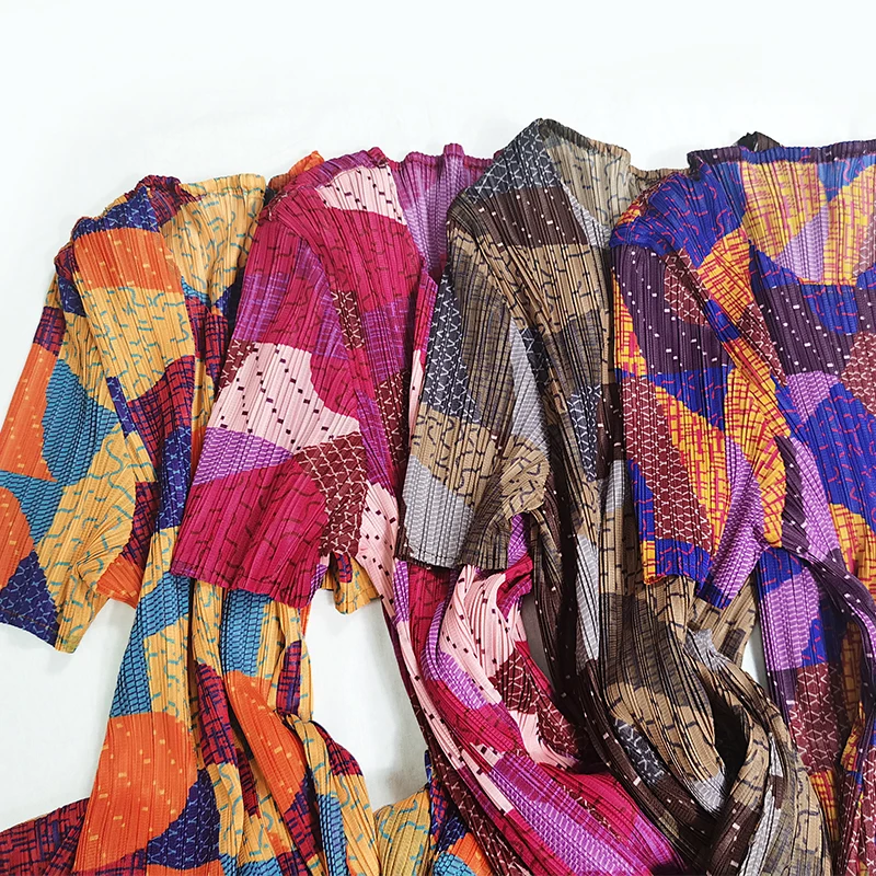 

2020 autumn Summer fall dresses plus size women Miyake pleated print short sleeve floral dress johnature 5227