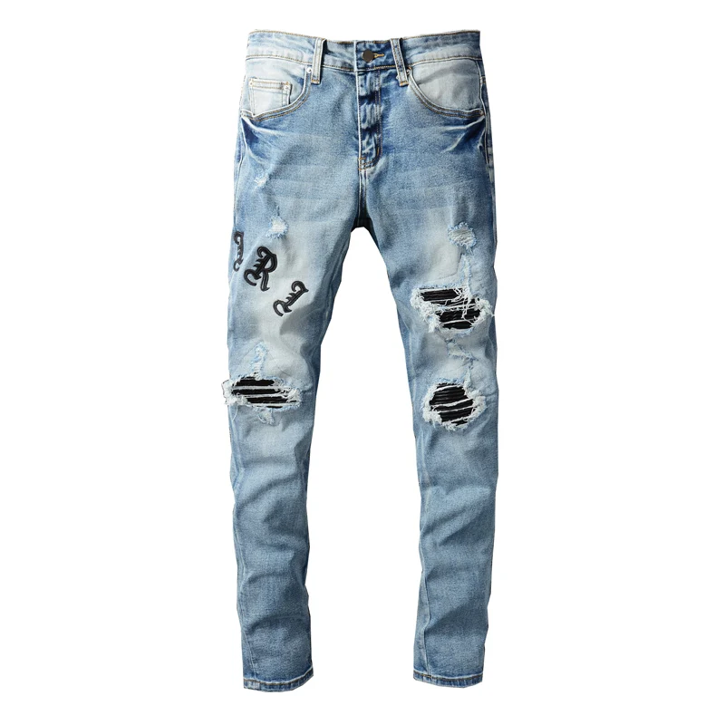 American Street Style Fashion Men Jeans Retro Light Blue Slim Fit Ripped Jeans Men Embroidery Patch Designer Hip Hop Punk Pants