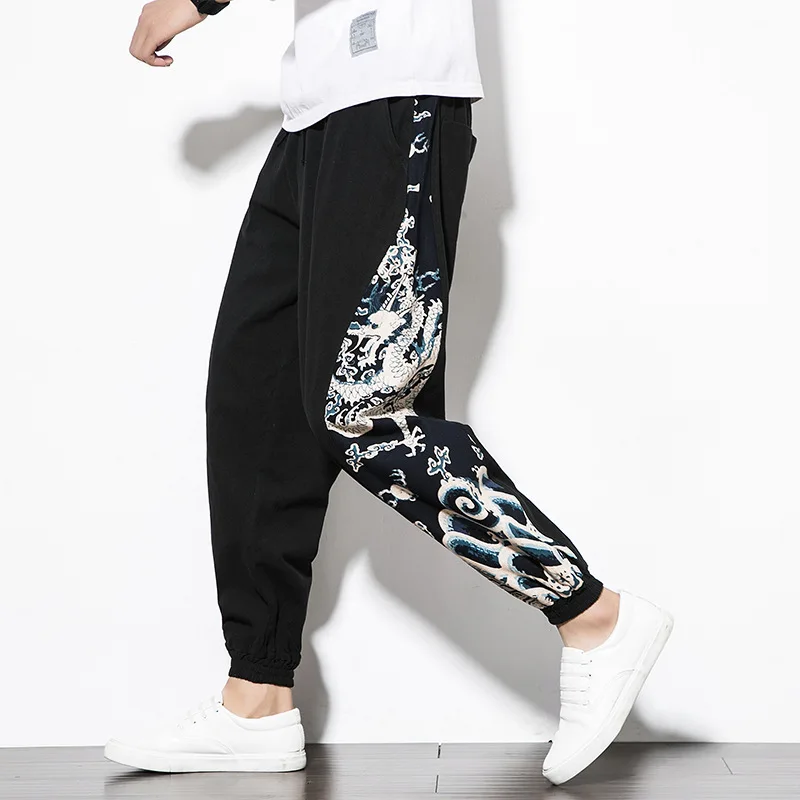 

Men's Cotton Harem Pants Print Elastic Waist Soft Long Trousers Streetwear Hip Hop Chinese Style Loose Men Casual Pants P0214