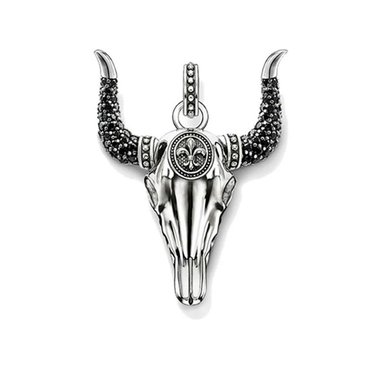 Кулон в виде черепа быка лилии из стерлингового серебра 925 пробы с черным